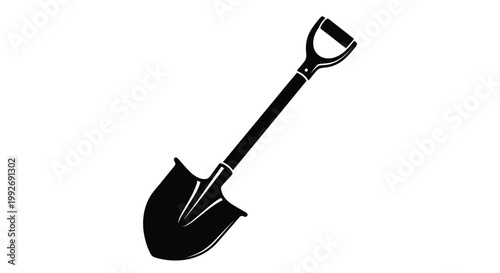 A black silhouette of a garden shovel against a white background