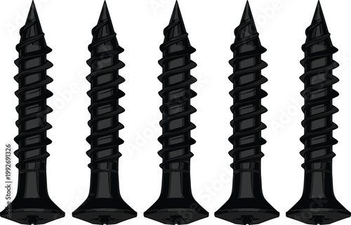 Set of Black Metal Screws in Different Angles with Thread Detail for Construction, Hardware Tools, Industrial Design, Fastening Elements, and Engineering Illustration Use