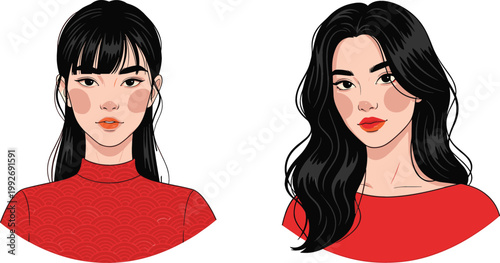 Stylized Portrait Illustration of Two Beautiful Young Women with Different Hairstyles in Red Outfits, Modern Fashion Vector Art for Beauty, Lifestyle, and Character Design