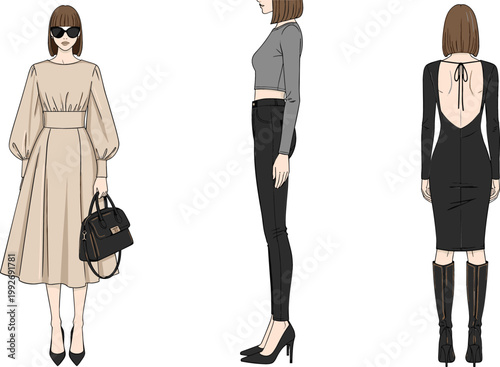 Set of Stylish Women in Elegant Outfits Showing Front, Side, and Back Views for Fashion Design, Clothing Presentation, and Modern Apparel Illustration