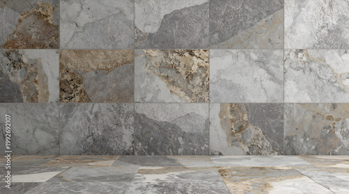 Gray, grey, and brown natural tile stone wall floor background featuring Italian Venetian ceppo di gré, characterized by a terrazzo design with a matte, pithy stone texture.