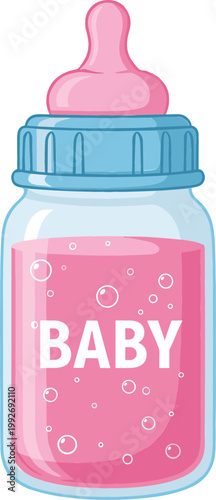 Baby Feeding Bottle with Milk in Cute Style Illustration for Infant Care Design, Parenting Products, Nursery Graphics, and Child Nutrition Concepts