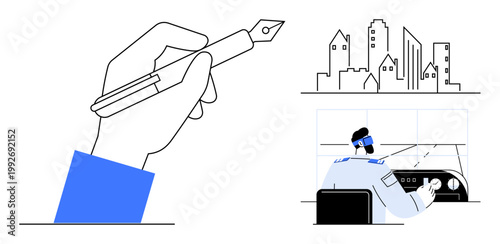 Creativity, architecture, security, urban design, innovation, technology. Hand holding pen, city skyline sketch and operator monitoring screens. Creativity and architecture visualization