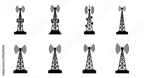 Fényképezés Eight black communication towers arranged on a white background silhouette
