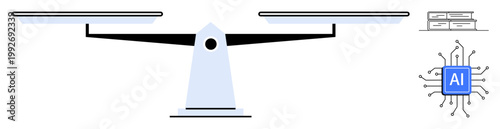 Artificial intelligence, decision-making, ethics, technology balance, innovation, fairness. A scale balancing AI chip and bricks. Artificial intelligence and decision-making concept