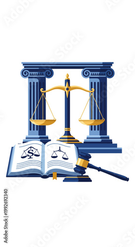 Law and Justice Concept Illustration with Scales Gavel and Pillars
