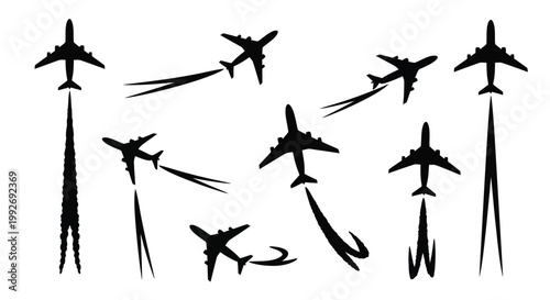Multiple airplane silhouettes with contrails depicting flight and travel