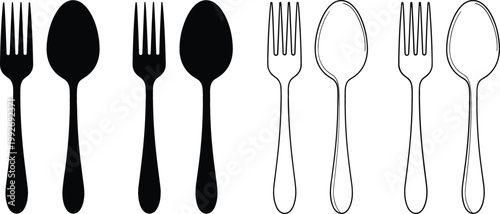 Set of Fork and Spoon Icons in Solid and Outline Styles for Dining Design, Kitchen Utensils, Restaurant Graphics, and Tableware Illustration