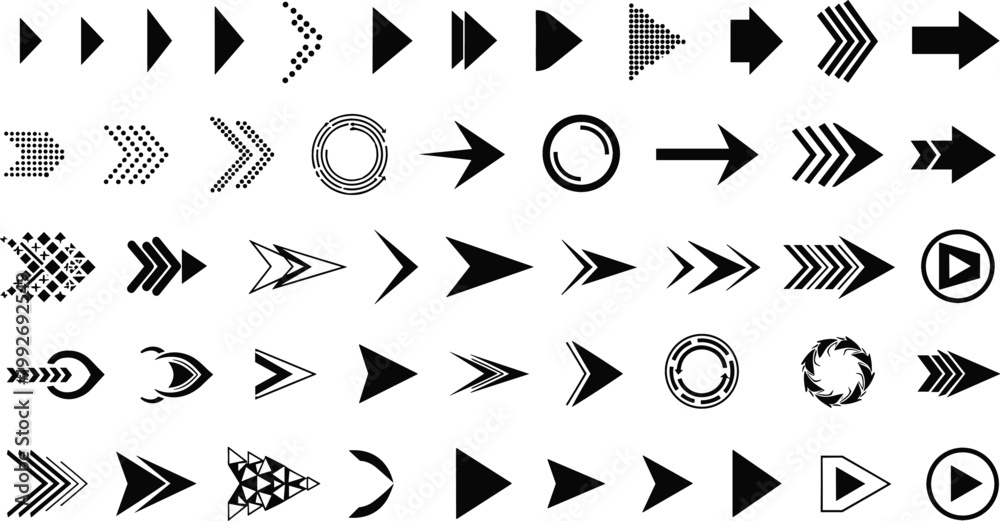 Fototapeta premium Set of Arrow Icons in Various Styles Including Play, Direction, Navigation, and Motion Symbols for UI Design, Interface Elements, and Digital Graphics