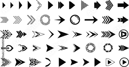 Set of Arrow Icons in Various Styles Including Play, Direction, Navigation, and Motion Symbols for UI Design, Interface Elements, and Digital Graphics
