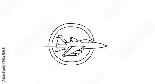 Modern Fighter Jet Icon, Military Aircraft Silhouette in Circle, Air Force Symbol