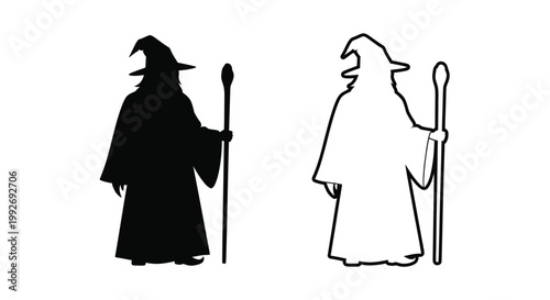 Two depictions of a wizard with a staff a black silhouette