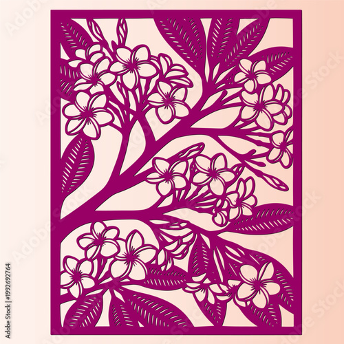 Floral pattern with plumeria flower and leaf design for laser cut, cnc, wood carving. Decorative panel, privacy screen. Vector illustration