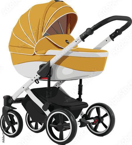 Modern Baby Stroller Illustration with Yellow Canopy and Wheels in Detailed Style for Parenting Design, Infant Care Products, and Child Transportation Graphics