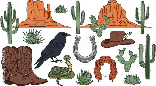 Set of Western Desert Elements Including Cowboy Boots, Hat, Cactus, Snake, Crow, and Horseshoe for Wild West Design, Rustic Theme, and Vintage Illustration