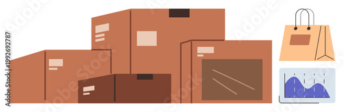 E-commerce, shipping, logistics, online sales, analytics, packaging. Multiple cardboard boxes, a paper shopping bag and a graph with data. E-commerce and shipping