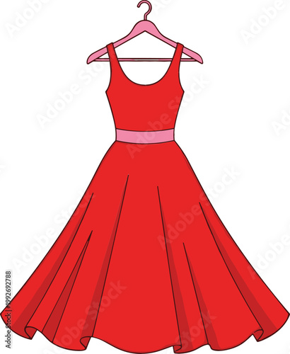 Elegant Red Dress on Hanger in Fashion Illustration Style for Clothing Design, Women Apparel, Boutique Display, and Stylish Outfit Graphics