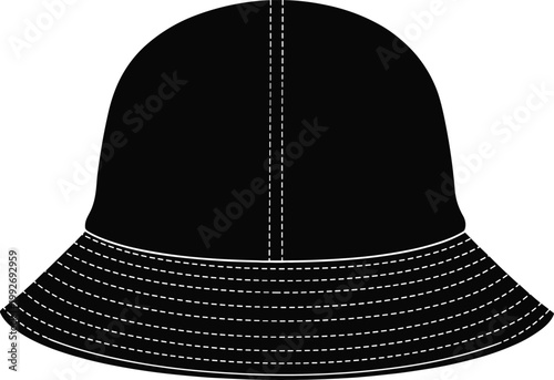 Bucket Hat Silhouette with Stitching Detail in Black Outline Style for Fashion Design, Apparel Mockup, Streetwear Accessories, and Clothing Graphics