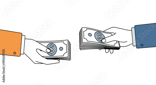 Two professional hands exchanging large bundles of paper cash representing a transaction payment bribe or financial deal.