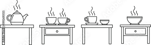 Set of Tea and Coffee Cups with Teapot on Tables in Minimal Line Style for Beverage Design, Cafe Illustration, Hot Drink Concepts, and Kitchen Graphics