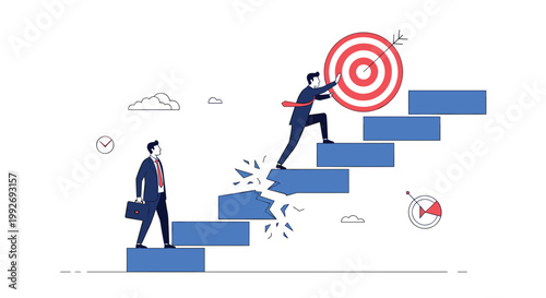 Resilient businessman pushing a target up blue stairs towards a goal while another businessman watches a broken step.