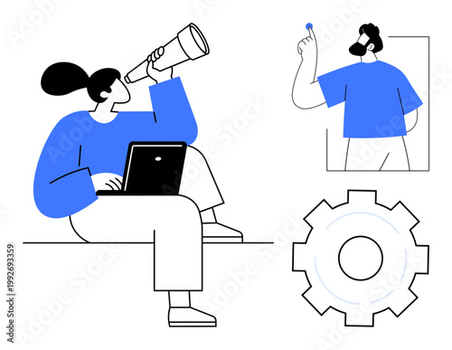 Business strategy, teamwork, innovation, technology use, problem-solving, leadership. Person with a laptop using a telescope, another holding a piece and a gear icon. Business strategy