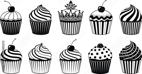 Set of Cupcake Silhouettes with Different Frosting Styles and Toppings for Bakery Design, Dessert Illustration, Sweet Food Graphics, and Pastry Decoration Concepts