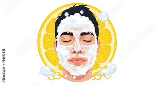 Man with closed eyes applying white facial mask with lemon slice background and bubbles