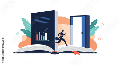 Determined businessman running through an open book doorway that displays financial charts signifying a path to knowledge and success.