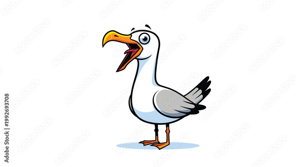 Fototapeta premium Cartoon seagull with an open beak squawks loudly while standing on a blue surface against a plain white background in a funny bird pose.