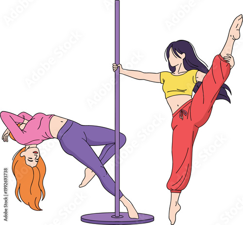 Set of Women Performing Pole Dance in Dynamic Poses for Fitness, Sport, and Artistic Performance Illustration Design with Flexibility and Strength Concepts