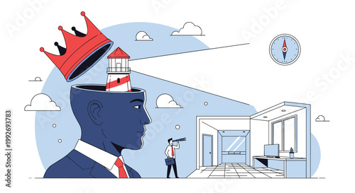 Profile of a businessman with a crown being lifted to reveal a lighthouse inside his head symbolizing vision and leadership guidance.