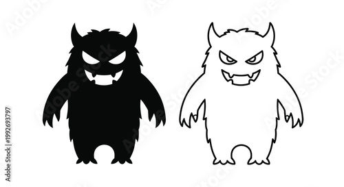 Two furry monsters one in black and one in white silhouette