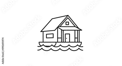 Floating House Icon on Water Waves, Minimalist Line Art Illustration
