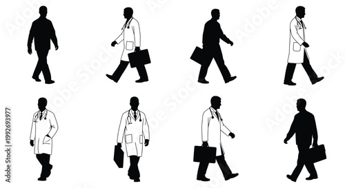 A series of doctors walking in various poses a stark silhouette