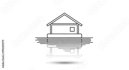 Floating House Icon on Water with Reflection, Minimalist Design
