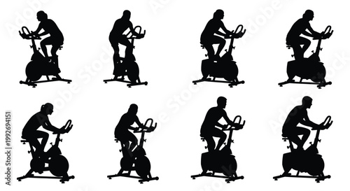 People exercising on stationary bikes in a black graphic silhouette