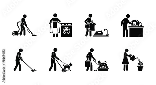 Various household chores depicted in simple black figures silhouette