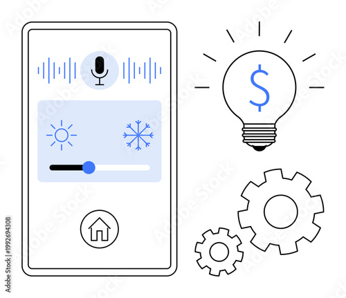 Smart home, automation, voice control, innovation, energy management, climate settings. Screen with microphone and temperature controls, lightbulb with dollar symbol and gears. Smart home