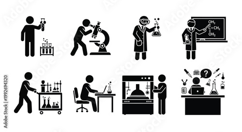 Scientists conducting experiments and research in a laboratory silhouette