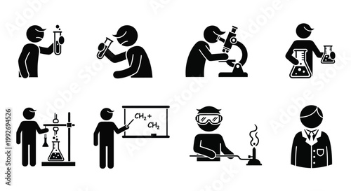 Scientists conducting experiments in a laboratory setting black silhouette