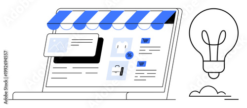 Online shopping, digital marketing, e-commerce business, website development, retail innovation, creative ideas. Laptop screen an online store design with a lightbulb icon. E-commerce and digital
