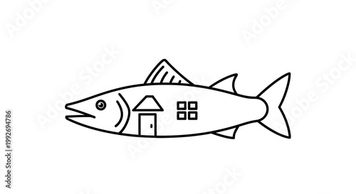 Creative Fish House Icon: Surreal Concept of Home and Aquatic Life