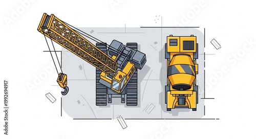 Construction crane and concrete mixer truck from above.