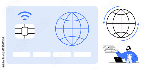 Digital payments, global transactions, networking, online business, mobile technology, fintech solutions. A chip, globe and a user conducting online transactions. Digital payments and global