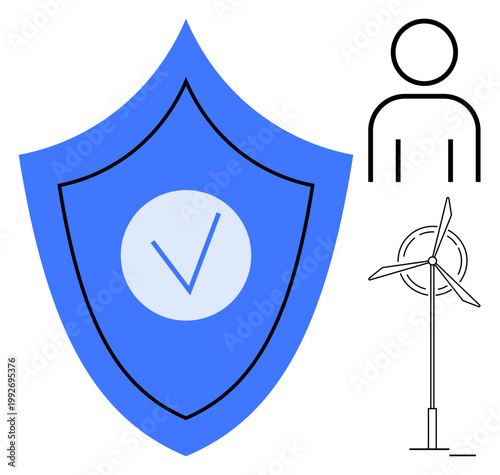 Security, renewable energy, sustainability, environmental protection, identity, eco-friendly solutions. Blue shield with a check mark, a stick figure and a wind turbine. Security and renewable