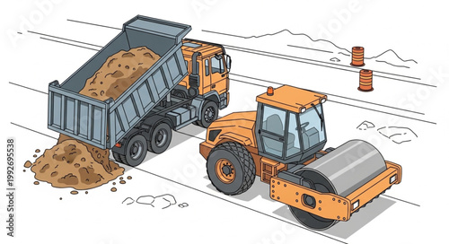 Construction vehicles including a dump truck and a steamroller working on a road.