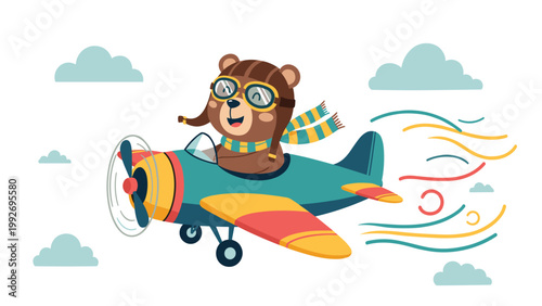 Cute brown bear wearing aviator goggles and a scarf is flying a small vintage airplane through a cloudy sky in a whimsical scene.