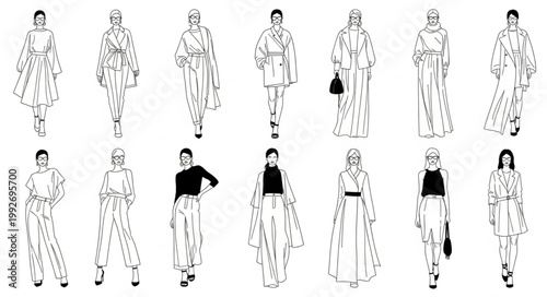 Fashionable women wearing elegant patterned outfits and accessories.