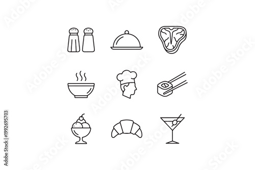 Hand drawn black and white thin line icons set for restaurant menu catering food service and dining